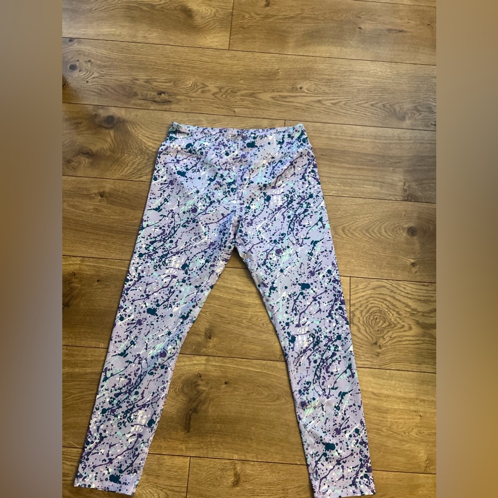Athletic purple and aqua splatter leggings size 10-12 PLUS